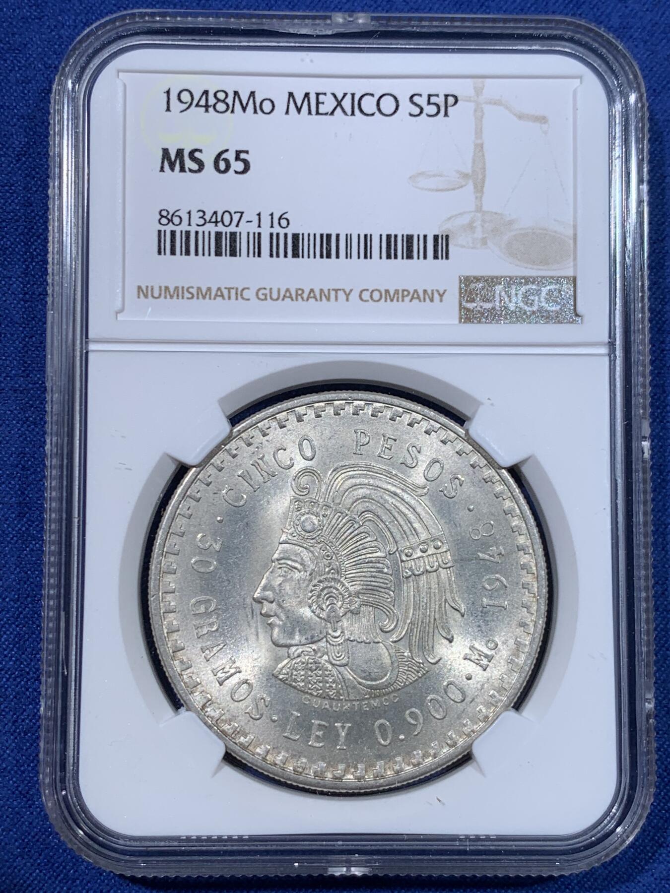 《竞宝斋》第429场 周日，周一，周二 3场连拍 （全场包邮） NGC MS65 墨西哥1948年5比索酋长头像大银币 高银 !