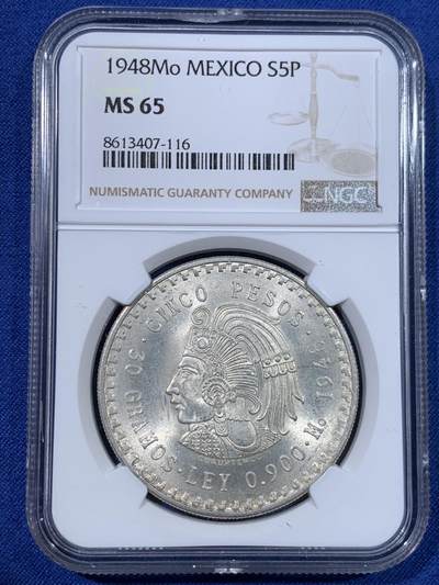《竞宝斋》第429场 周日，周一，周二 3场连拍 （全场包邮） - NGC MS65 墨西哥1948年5比索酋长头像大银币 高银 !
