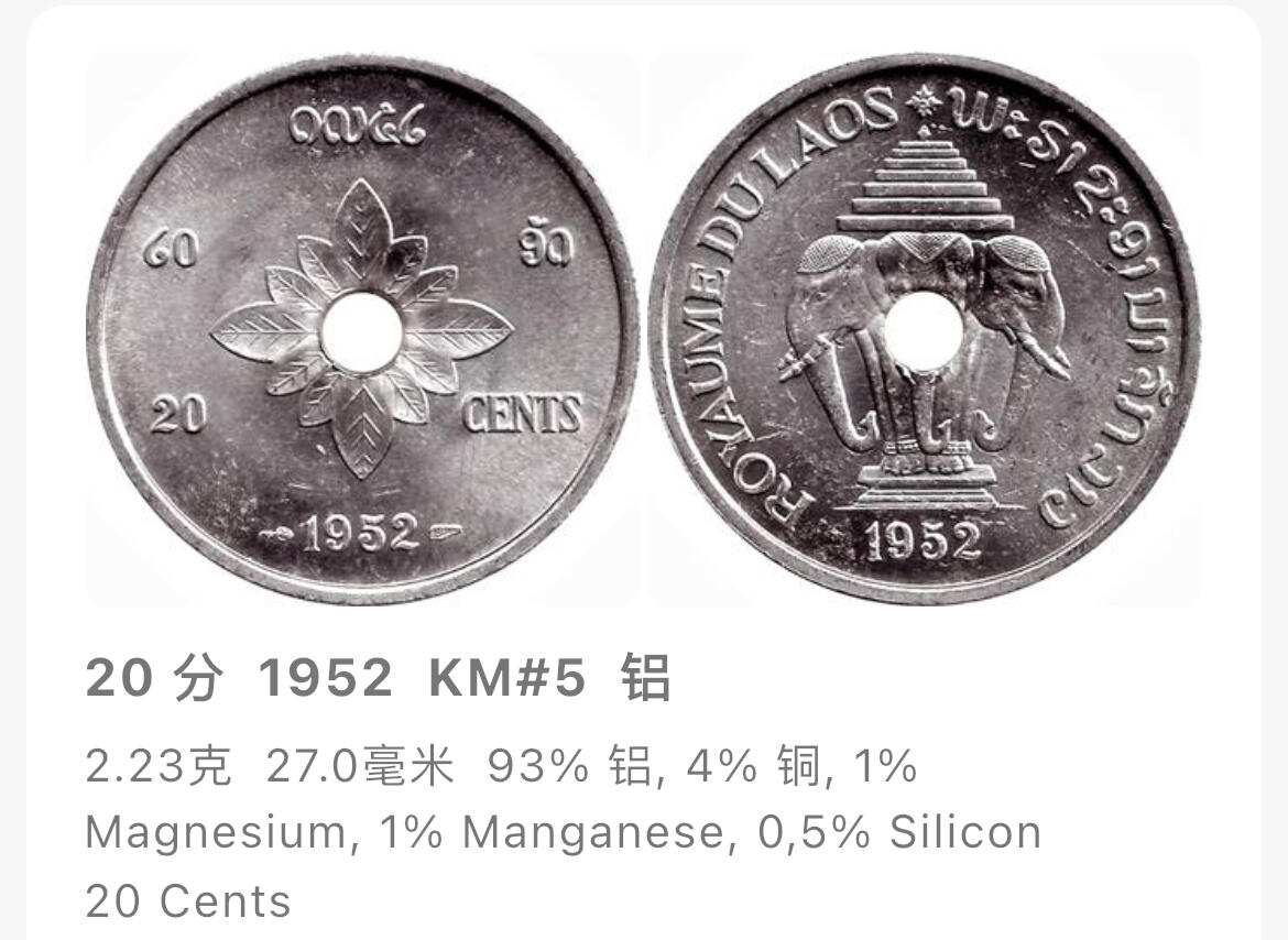 回流1019 老挝🇱🇦1952年20分 圆孔大象🐘 首版硬币发行量较少