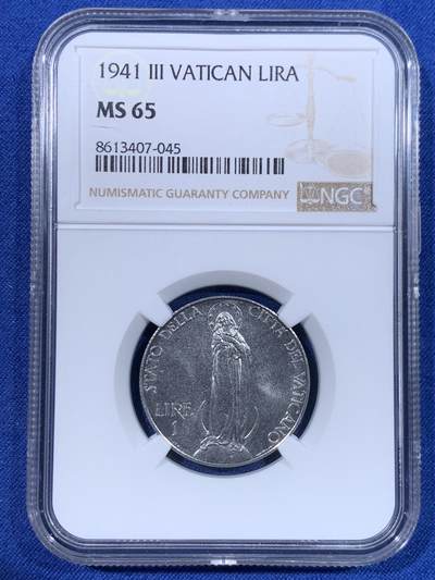 《竞宝斋》第429场 周日，周一，周二 3场连拍 （全场包邮） - NGC MS65 梵蒂冈1941年1里拉 圣母 车轮光状态漂亮！