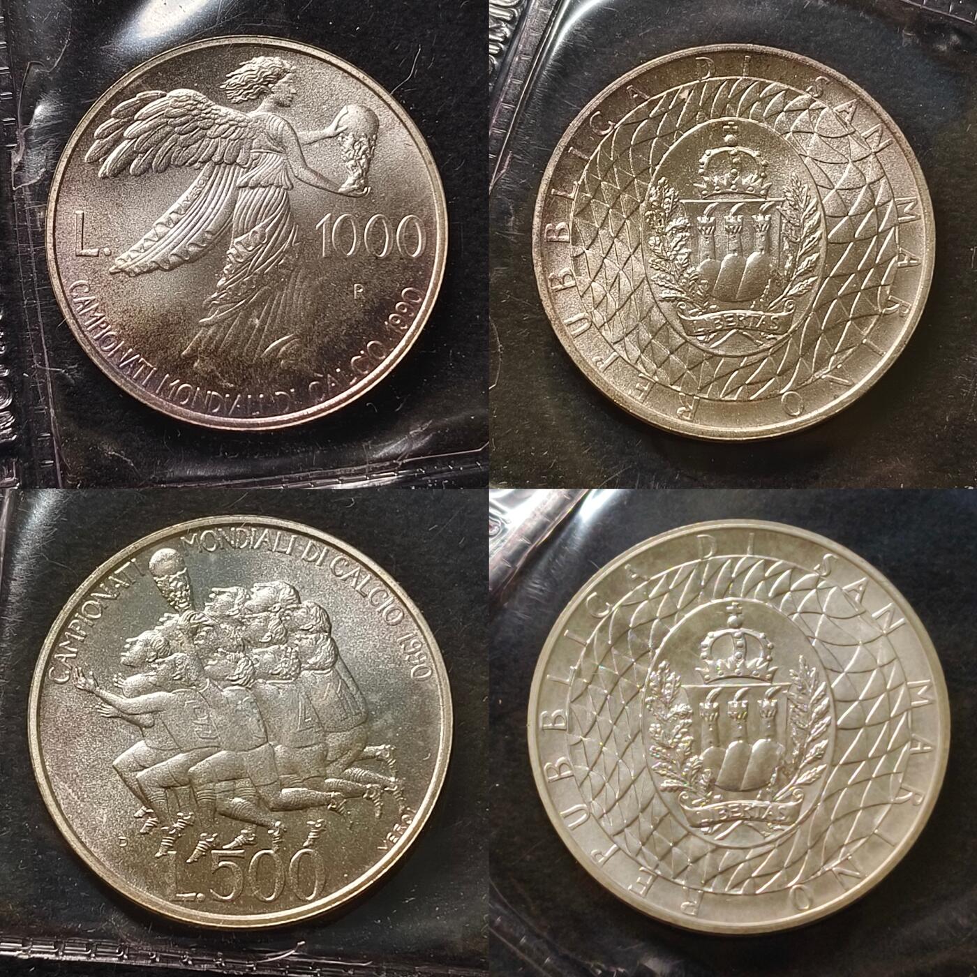 【全场包邮】纯粹捡漏拍471场（免费代拍第8场） 圣马力诺1990年意大利世界杯官方封装2枚纪念银币-盒证全