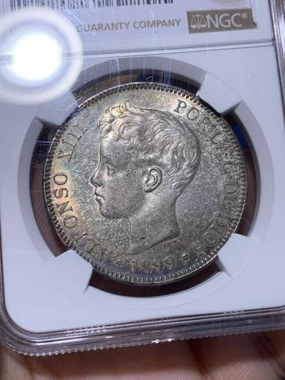 《竞宝斋》第429场 周日，周一，周二 3场连拍 （全场包邮） NGC MS62 西班牙1899年阿方索少年头5比塞塔 银币 五彩包浆美轮美奂 不容错过