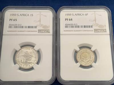 《竞宝斋》第429场 周日，周一，周二 3场连拍 （全场包邮） 特年 8枚一组 NGC PF63-65 南非 1959年 精制币一组 含5枚银币 从法新到2.5先令 一次配齐 发行量只有950套 最少的年份 