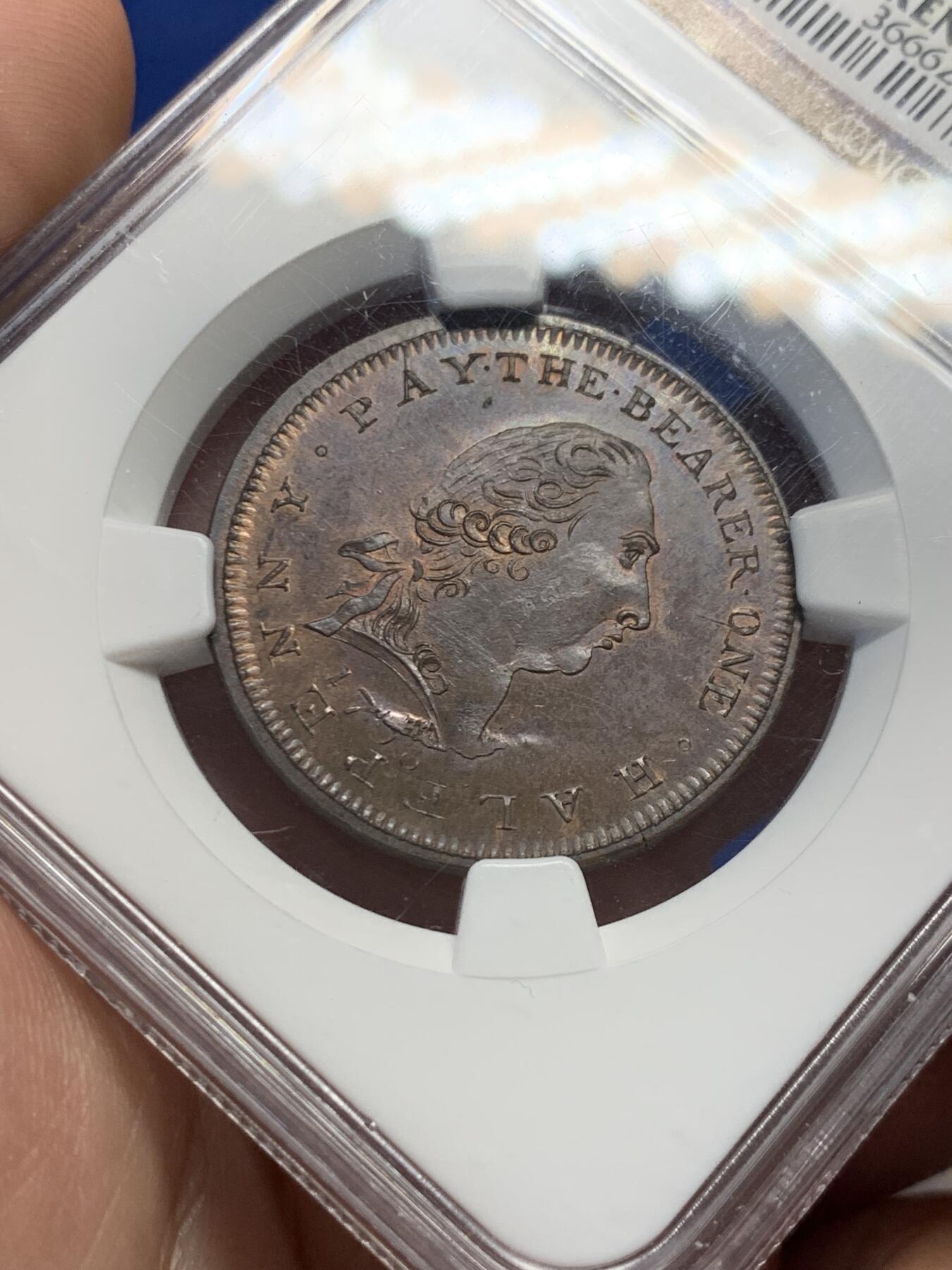 《竞宝斋》第429场 周日，周一，周二 3场连拍 （全场包邮） NGC MS63BN 英国1790年代约克夏郡乔治三世1/2便士Token铜币，稀少品种，正面的乔三头像刻画精细而富有趣味。丝滑好状态，老N盒品质保障