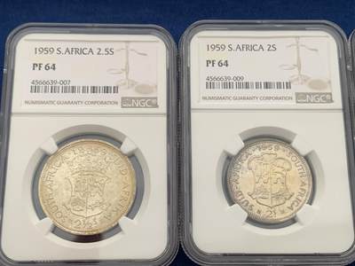 《竞宝斋》第429场 周日，周一，周二 3场连拍 （全场包邮） 特年 8枚一组 NGC PF63-65 南非 1959年 精制币一组 含5枚银币 从法新到2.5先令 一次配齐 发行量只有950套 最少的年份 