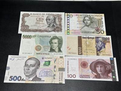 《外钞收藏家》第五百七十六期（精选场）（本平台长期征集拍品、欢迎藏友们联系合作） - 西班牙、瑞典、意大利、葡萄牙、乌克兰、挪威六张一起 全新 有三张有潮点