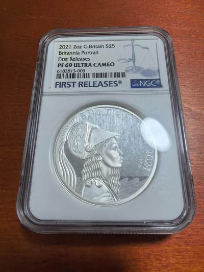 长老汇马年精选第二场拍卖 - 2021英国不列颠女神5英镑精制银币，2盎司999银，NGC PF69，550枚，首日标