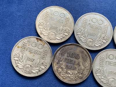 《竞宝斋》第429场 周日，周一，周二 3场连拍 （全场包邮） 七枚一组 保加利亚鲍里斯三世100列夫银币 1937年5枚+1934年1枚+1930年1枚 总重约139.3克