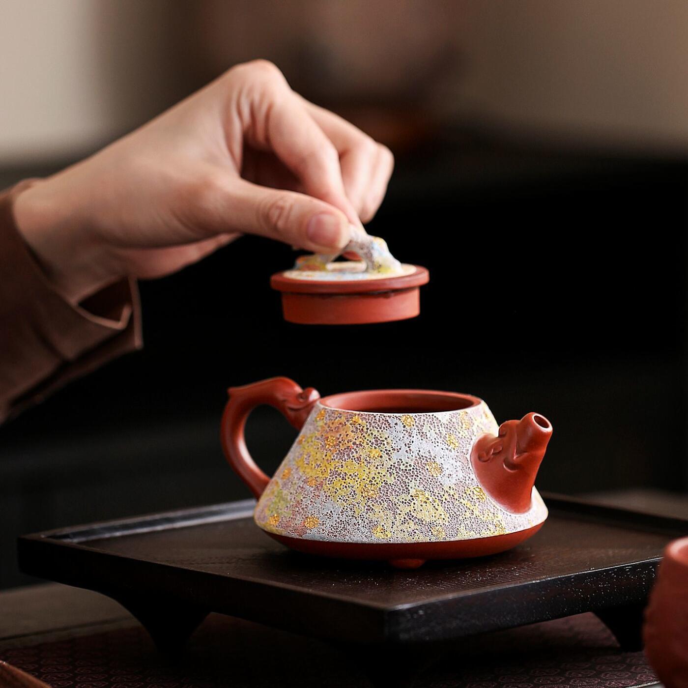紫砂古岩矿虫洞油半手工茶壶
