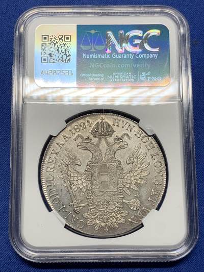 《竞宝斋》第429场 周日，周一，周二 3场连拍 （全场包邮） NGC MS61 奥地利帝国 1824年 收官年份 弗朗西斯一世 泰勒大银币 该品种普遍弱打 能上MS确实不易