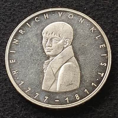 【全场包邮】纯粹捡漏拍470场（免费代拍第7场） - 德国联邦德国1977年5马克小说家海因里希·冯·克莱斯特诞生200周年（29毫米11.2克）精制纪念银币
