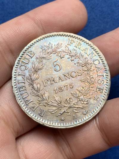 《竞宝斋》第429场 周日，周一，周二 3场连拍 （全场包邮） 法国1875年大力神5法郎银币 包浆带彩 细节也不错