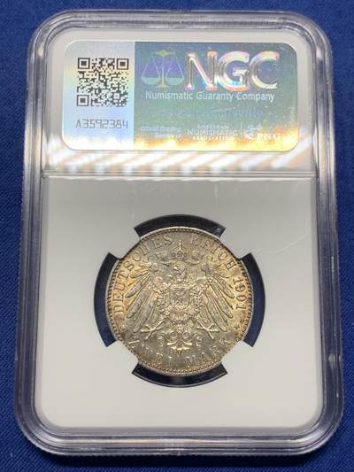 《竞宝斋》第429场 周日，周一，周二 3场连拍 （全场包邮） NGC MS62 德国1901年普鲁士建国200周年2马克银币 深包浆 底板干净有些压分