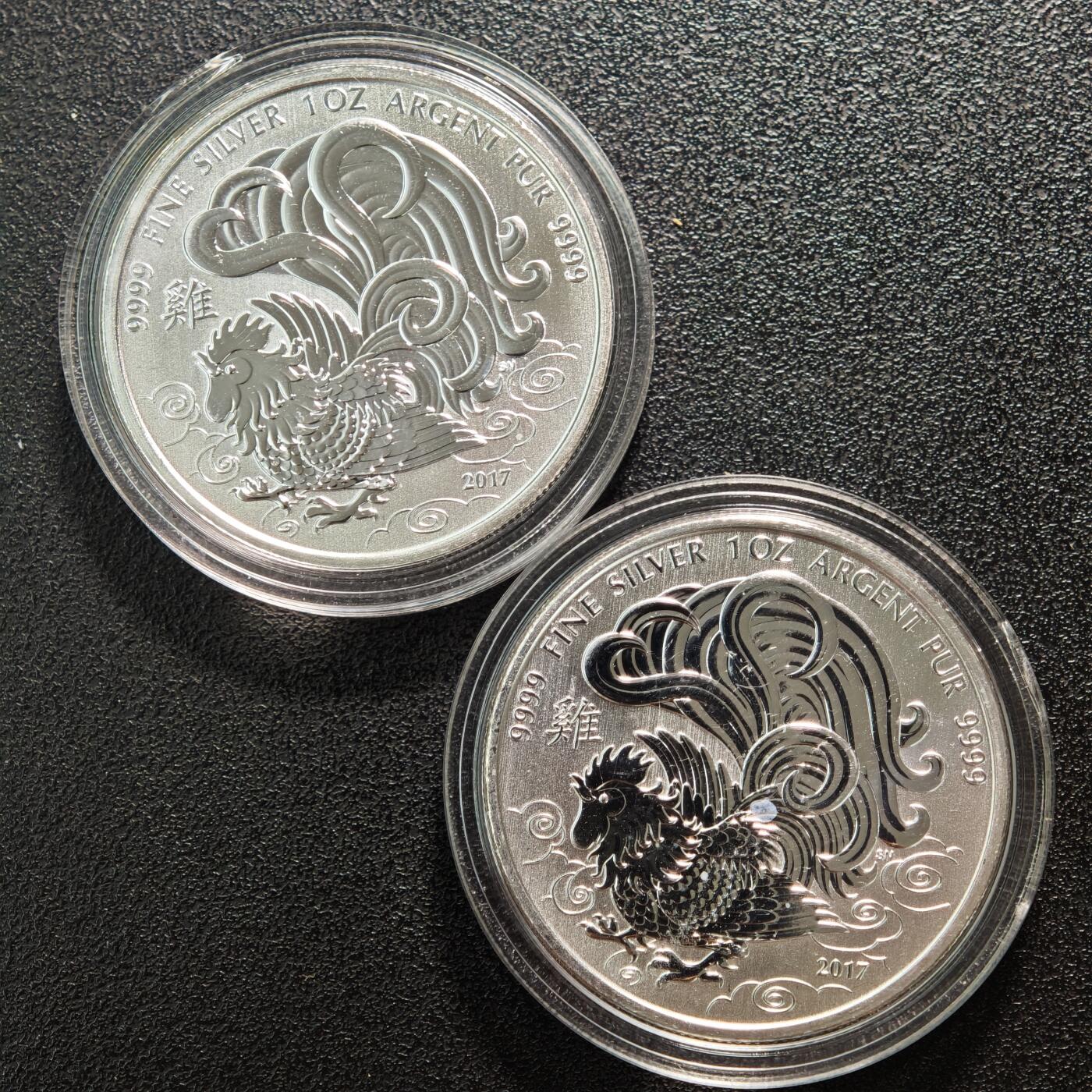 【德藏】世界币章拍卖第150期（拍品征集中~欢迎藏友联系） 2枚一组 2017年 加拿大生肖鸡年5元纪念银币 9999银 直径约：38mm/枚；重1盎司/枚