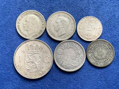 《竞宝斋》第429场 周日，周一，周二 3场连拍 （全场包邮） 六枚银币一组 英国乔五两枚+乔六1枚+日本二十钱1枚+十钱1枚+荷兰1954年1盾1枚 总重约19.6克