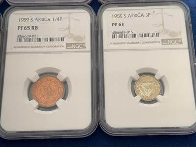 《竞宝斋》第429场 周日，周一，周二 3场连拍 （全场包邮） 特年 8枚一组 NGC PF63-65 南非 1959年 精制币一组 含5枚银币 从法新到2.5先令 一次配齐 发行量只有950套 最少的年份 