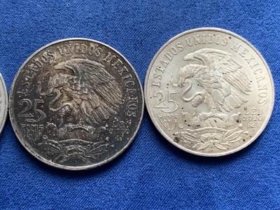 《竞宝斋》第429场 周日，周一，周二 3场连拍 （全场包邮） 三枚一组 墨西哥1968年25比索奥运纪念银币 总重约67.6克