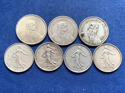 《竞宝斋》第429场 周日，周一，周二 3场连拍 （全场包邮） 七枚一组 瑞士威廉退尔5法郎银币3枚+法国播种女神5法郎银币4枚 总重约92.8克