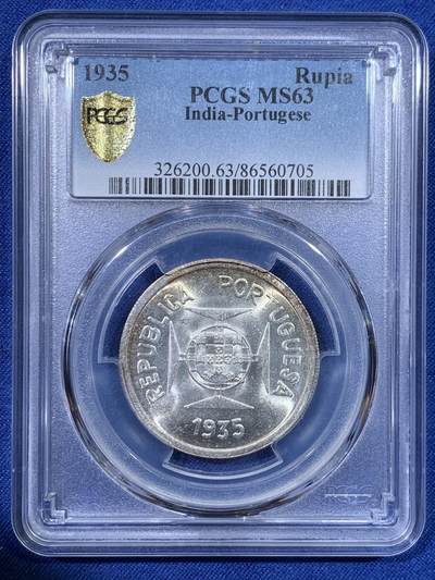 《竞宝斋》第429场 周日，周一，周二 3场连拍 （全场包邮） - PCGS MS63 葡属印度1935年果阿1卢比银币 原光带彩