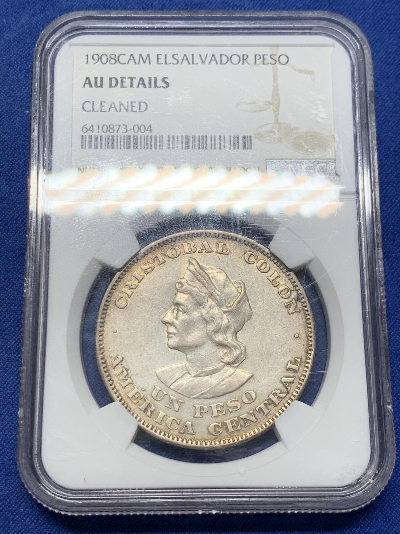 《竞宝斋》第429场 周日，周一，周二 3场连拍 （全场包邮） NGC AU 萨尔瓦多 1908年 1比索银币 包浆自然 味道好 光度也不错