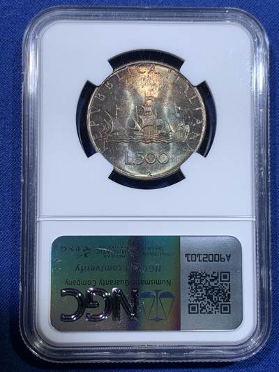 《竞宝斋》第429场 周日，周一，周二 3场连拍 （全场包邮） NGC MS65 意大利1966年500里拉银币，经典人妻帆船设计，双面深彩包浆。