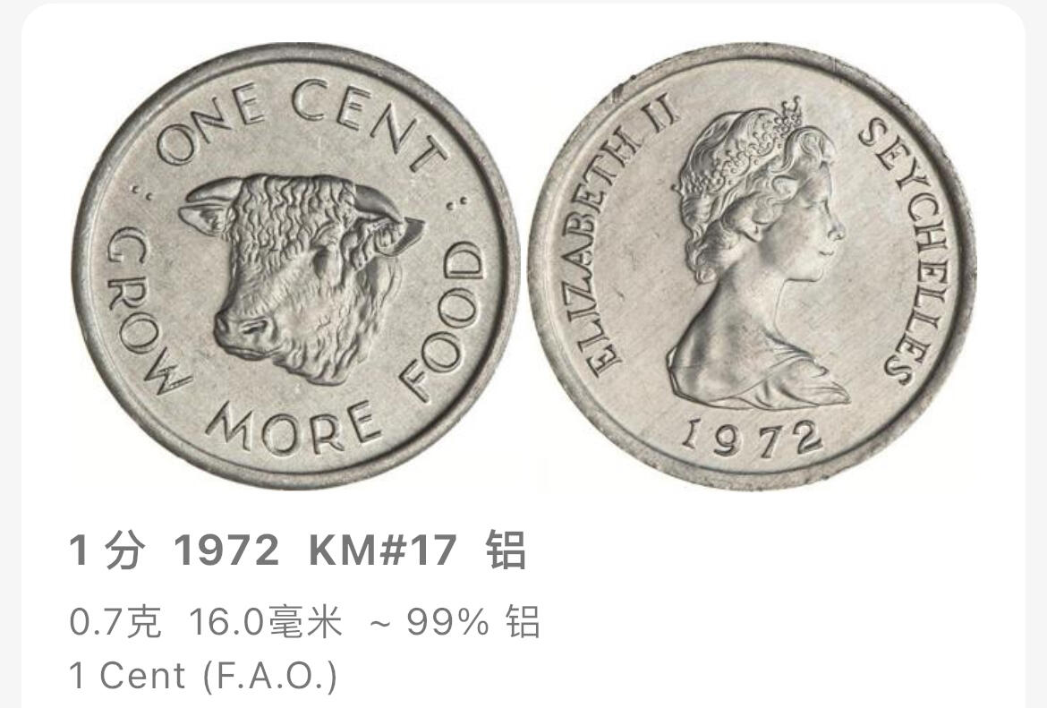 回流1019 塞舌尔🇸🇨1972年1分FAO纪念币