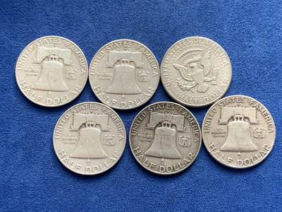 《竞宝斋》第429场 周日，周一，周二 3场连拍 （全场包邮） 六枚一组 美国半美元银币 1964年肯尼迪1枚+富兰克林华盛顿大笨钟5枚 总重约74.8克