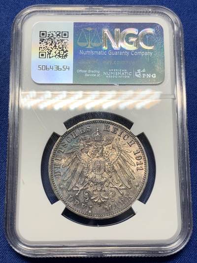《竞宝斋》第429场 周日，周一，周二 3场连拍 （全场包邮） NGC MS63 德国1911年符腾堡王国威廉二世国王银婚3马克银币，原汁原味老包浆，味道币味道足，状态佳。