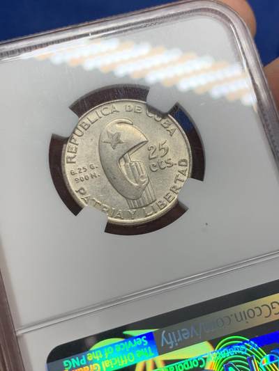 《竞宝斋》第429场 周日，周一，周二 3场连拍 （全场包邮） NGC MS62 古巴1953年纪念何塞·马蒂25分小银币 光度不错