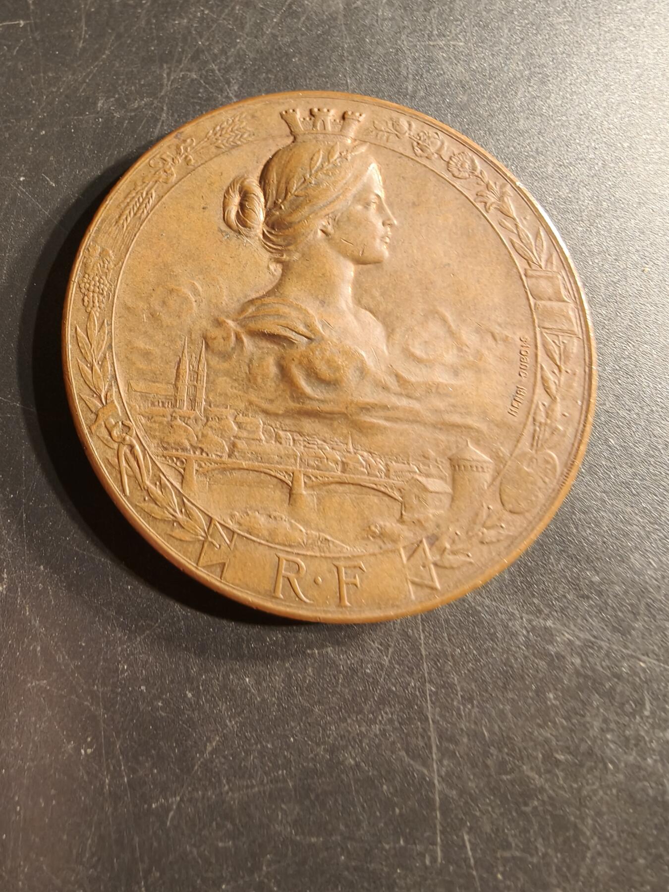 老王徽章第157期 法国1895昂热全国博览会大铜章     杜布瓦名作    直径50mm.   重量61.5g