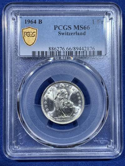 《竞宝斋》第429场 周日，周一，周二 3场连拍 （全场包邮） PCGS MS66 瑞士 1964年B 1法郎银币 卷拆送评 光感强烈