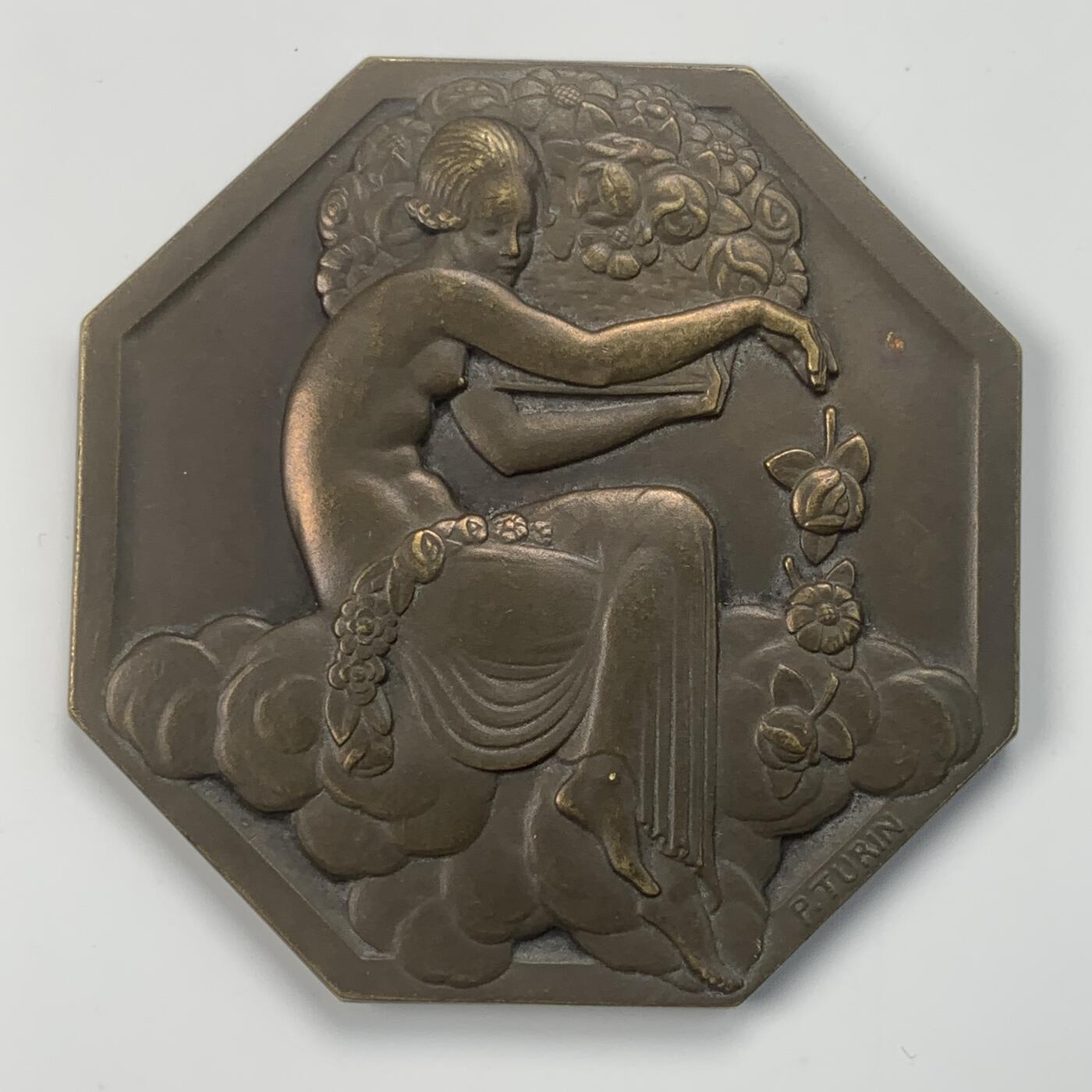 掌中浮雕-藏着的欧洲第038场 1925年法国世博会花神八角铜章，大师Turin作品，对边60mm，重91.2g
