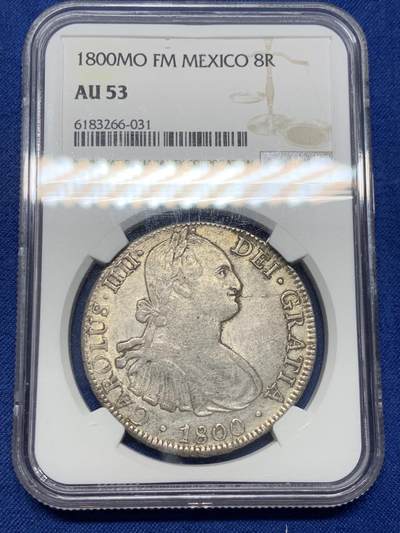 《竞宝斋》第429场 周日，周一，周二 3场连拍 （全场包邮） NGC AU53 西属墨西哥1800年卡洛斯四世双柱8R银币