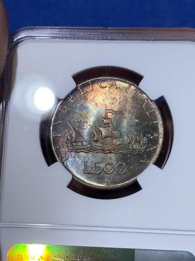 《竞宝斋》第429场 周日，周一，周二 3场连拍 （全场包邮） NGC MS65 意大利1966年500里拉银币，经典人妻帆船设计，双面深彩包浆。
