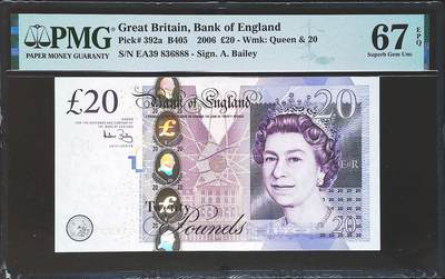 世界靓号纸钞第七十六期 - 2006年英国英格兰银行20镑 全程无47 豹子号888 PMG67