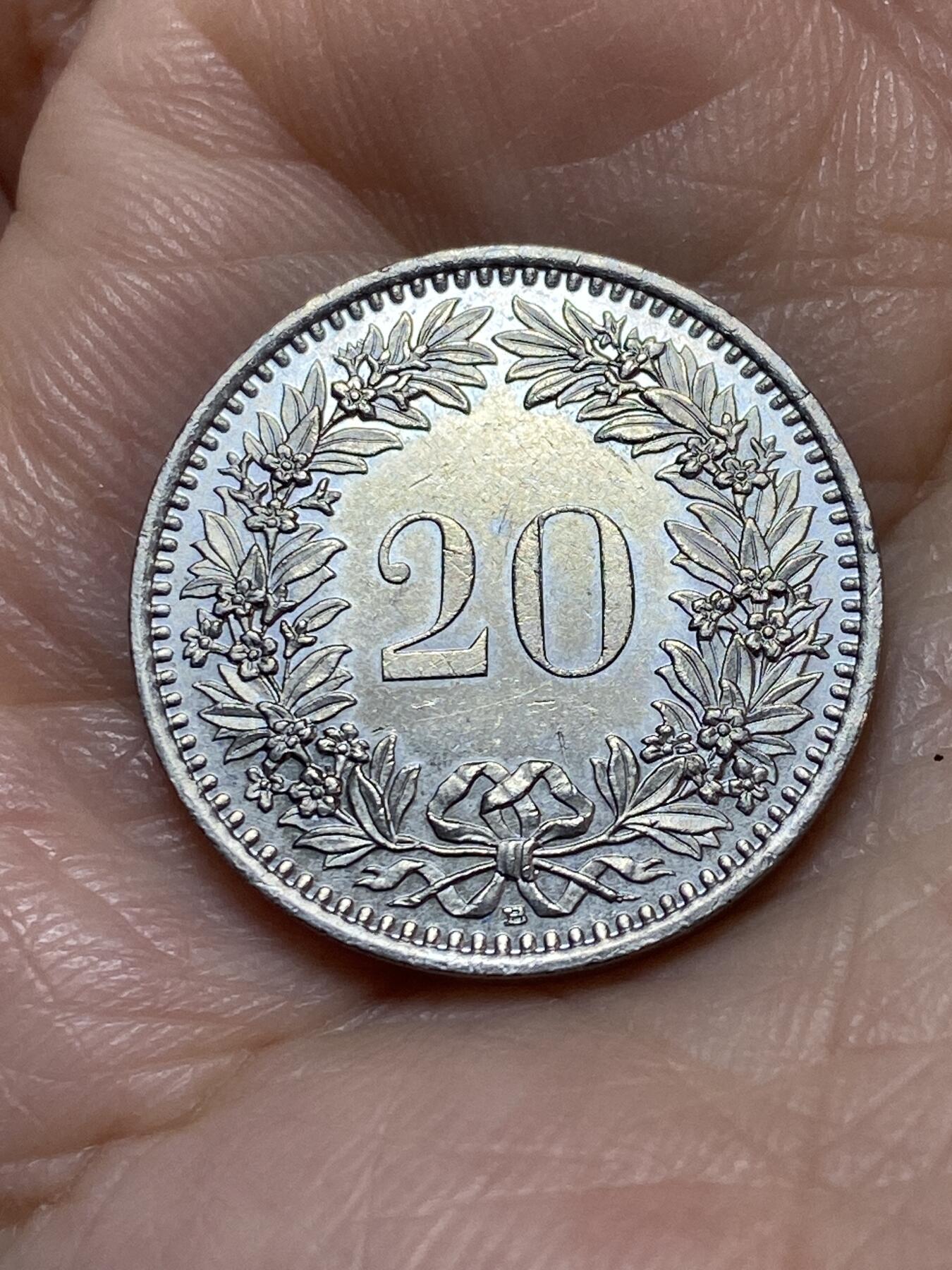 2025年第一百一十三场(总第一百三十九场）瑞士辅币专场(免佣金) 瑞士🇨🇭1989年20分(第三版，B标伯尔尼造)