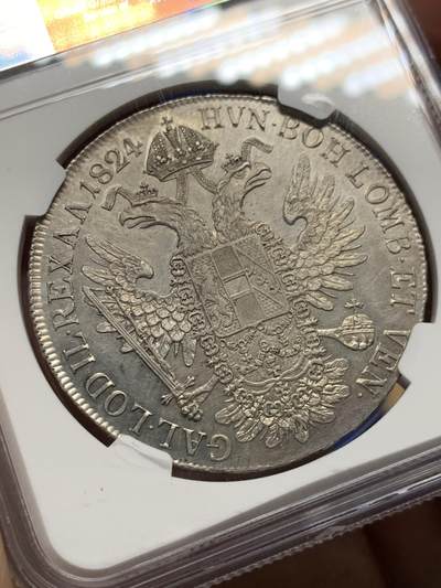 《竞宝斋》第429场 周日，周一，周二 3场连拍 （全场包邮） NGC MS61 奥地利帝国 1824年 收官年份 弗朗西斯一世 泰勒大银币 该品种普遍弱打 能上MS确实不易