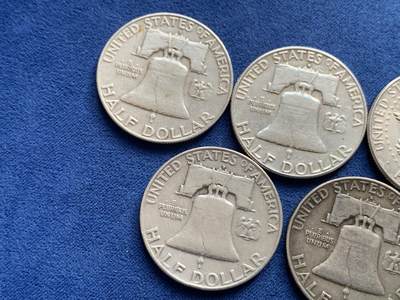 《竞宝斋》第429场 周日，周一，周二 3场连拍 （全场包邮） 六枚一组 美国半美元银币 1964年肯尼迪1枚+富兰克林华盛顿大笨钟5枚 总重约74.8克