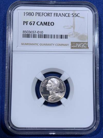 《竞宝斋》第429场 周日，周一，周二 3场连拍 （全场包邮） NGC PF67 CAMEO 法国第五共和国 1980年 5分加厚精制银币 5克 950银 资料显示发行量仅820枚