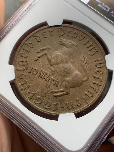 《竞宝斋》第429场 周日，周一，周二 3场连拍 （全场包邮） NGC MS62BN 德国紧急状态币 1921年10马克铜币 大直径小面值