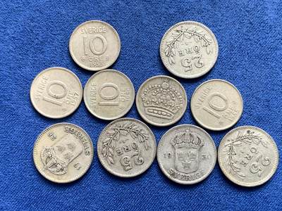 《竞宝斋》第429场 周日，周一，周二 3场连拍 （全场包邮） 10枚一组 瑞典10欧尔+25欧尔小银币 总重约19.1克 细节见图