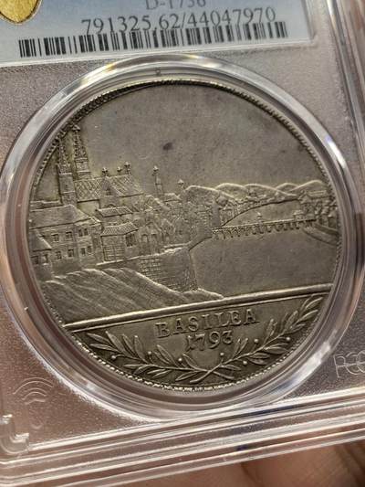 《竞宝斋》第429场 周日，周一，周二 3场连拍 （全场包邮） 唯一冠军分 PCGS MS62 瑞士 1793 巴塞尔 景观泰勒大银币 瑞士景观稳步上涨品种 打制好的不多见 本品包浆细节都属难遇状态