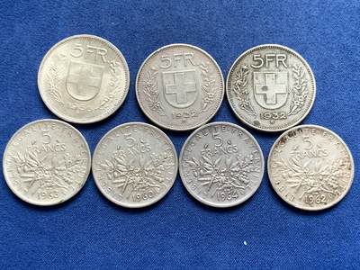 《竞宝斋》第429场 周日，周一，周二 3场连拍 （全场包邮） 七枚一组 瑞士威廉退尔5法郎银币3枚+法国播种女神5法郎银币4枚 总重约92.8克