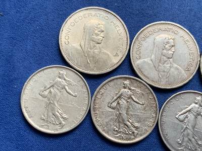 《竞宝斋》第429场 周日，周一，周二 3场连拍 （全场包邮） 七枚一组 瑞士威廉退尔5法郎银币3枚+法国播种女神5法郎银币4枚 总重约92.8克