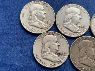 《竞宝斋》第429场 周日，周一，周二 3场连拍 （全场包邮） 六枚一组 美国半美元银币 1964年肯尼迪1枚+富兰克林华盛顿大笨钟5枚 总重约74.8克