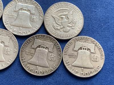 《竞宝斋》第429场 周日，周一，周二 3场连拍 （全场包邮） 六枚一组 美国半美元银币 1964年肯尼迪1枚+富兰克林华盛顿大笨钟5枚 总重约74.8克