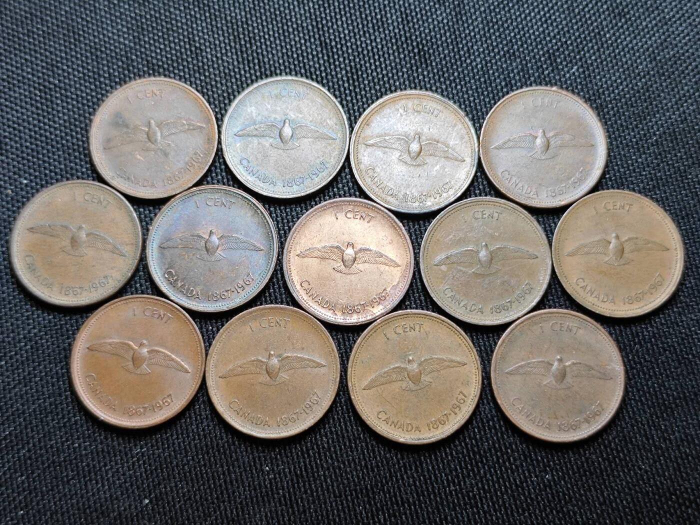 KK钱币收藏小铺  （套币 批量/好品散币 银币）专场  2月预留时间 周末发货  1967加拿大建国200周年一分纪念币 铜币一组13枚