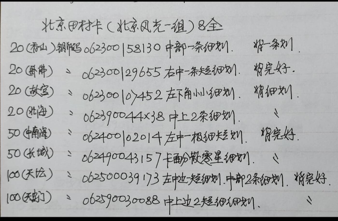 公藏第57期裸卡拍卖 北京田村卡（北京风光一组）8全品相钢印码见描述。