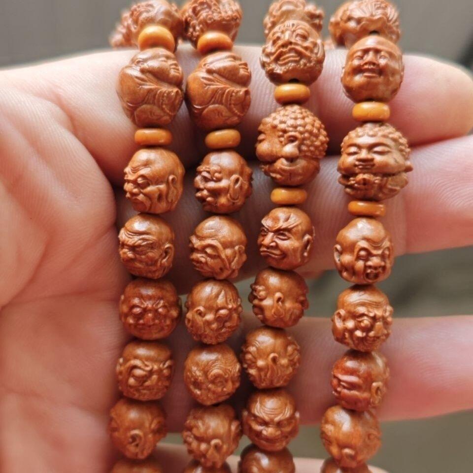精品红龙纹桃核雕刻双面108罗汉 长串脖挂佛珠