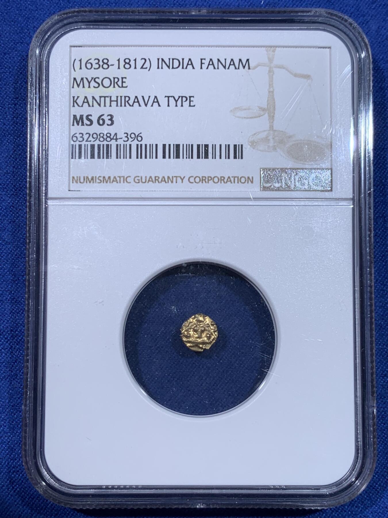 《竞宝斋》第429场 周日，周一，周二 3场连拍 （全场包邮） NGC MS63 印度 迈索尔王国 1638-1812年 1F 金币 南印度经典货币形态 毗湿奴神像 外拍上涨品种